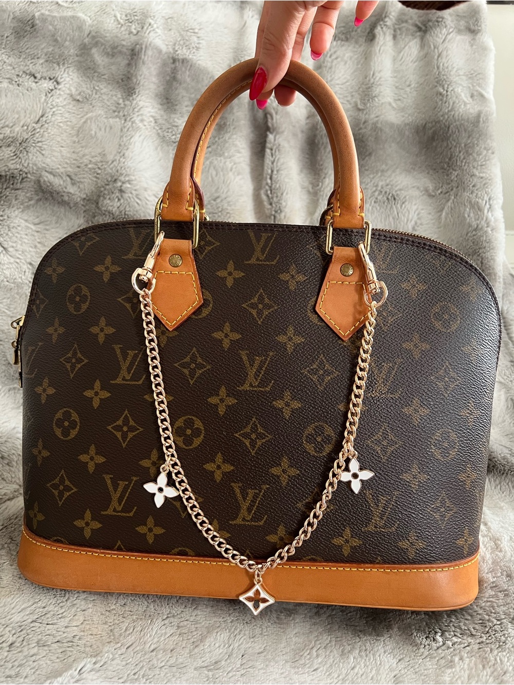 Louis Vuitton Brown Monogram Alma Satchel with Tan Trims and Gold Chain Charm